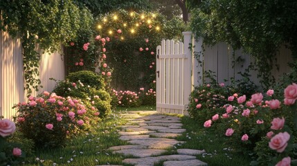 Fototapeta premium Charming twilight scene romantic american front yard with stone pathway and fairy lights