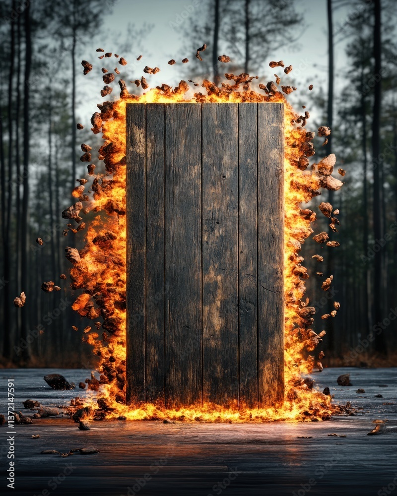 Aufkleber A dark wooden plank engulfed in fiery flames and exploding rocks stands in a mysterious pine forest at night.