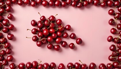 A high-angle, studio shot presents a symmetrical arrangement of fresh cherries against a light pink background