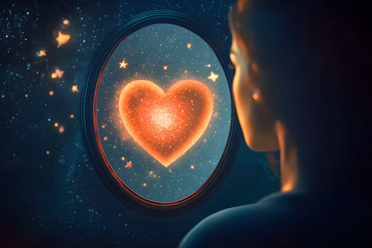 A digital illustration showing a person looking into a mirror where instead of their reflection, there a glowing heart surrounded by stars, symbolizing the journey of self acceptance and unconditional