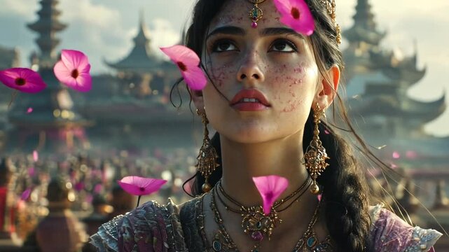 Woman in ornate Indian-inspired attire, amidst falling flowers and a bustling background, suitable for fantasy film poster or cover art