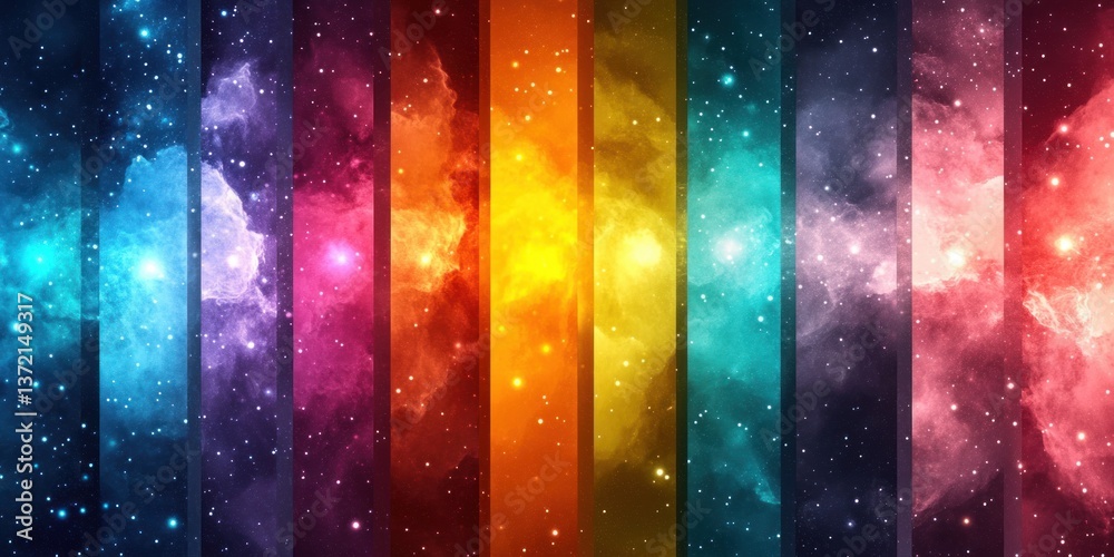 Poster vibrant rainbow stripes blend seamlessly with a cosmic nebula background creating a dreamy interstel