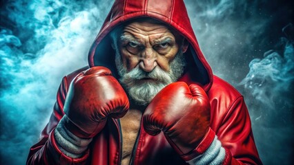 A fierce elderly boxer in a red hoodie and gloves, exuding strength and determination, surrounded by a smoky atmosphere.