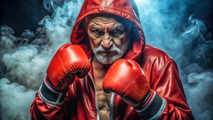 A determined older man in a red boxing robe and gloves stands ready for action, surrounded by dramatic smoke and lighting.