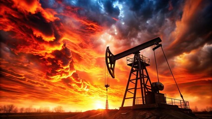 A dramatic sunset illuminates a silhouetted oil pumpjack against a vibrant sky, showcasing the intersection of nature and industry.