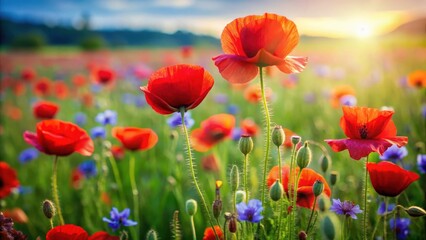 Obraz premium Vibrant red poppies sway gently in the summer breeze amidst a lush meadow of green grass and wildflowers , nature, sunny