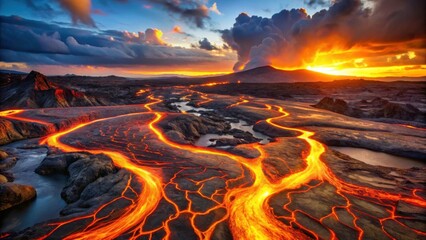 A stunning volcanic landscape at sunset, showcasing flowing lava against a dramatic sky filled with clouds and vibrant colors.