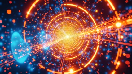 Fototapeta premium Abstract Digital Artwork of Glowing Orange and Blue Circular Patterns in a Futuristic Concept of Light Emission and Depth Perception