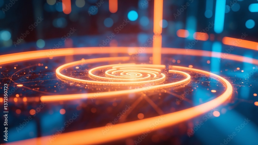 Poster Abstract Digital Artwork of Glowing Orange and Blue Circular Patterns in a Futuristic Concept of Light Emission and Depth Perception