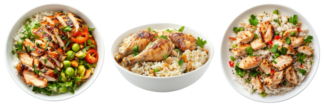 Set of A steaming bowl of white rice with individual grains visible, placed on a wooden table on transparent png background