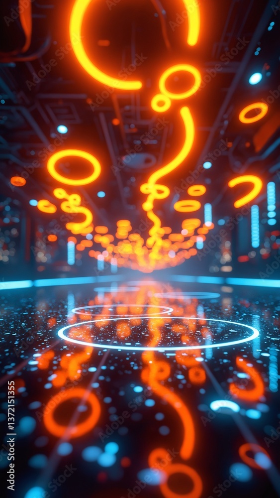 Poster abstract digital artwork of glowing orange and blue circular patterns in a futuristic concept of lig