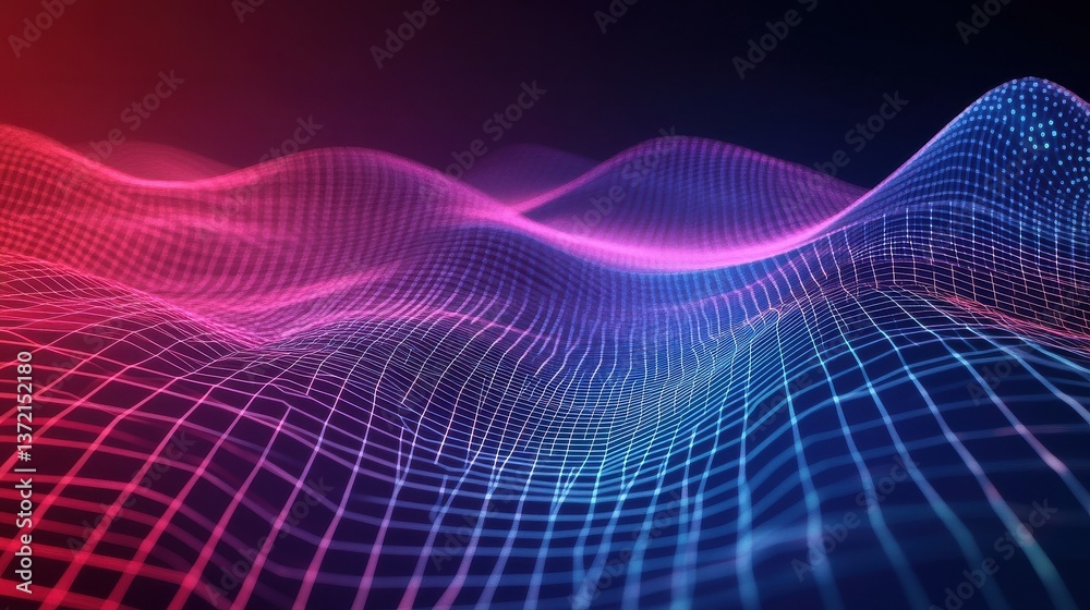 Poster geometric wireframe grid with dynamic gradients and intersecting lines, evoking a futuristic and abs
