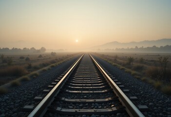 Fototapeta premium Sunrise over the Railroad Tracks: A Journey into the Golden Hour