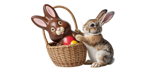 Cute rabbit beside a hatching chick from an egg, showcasing springtime themes in a playful, lively setting