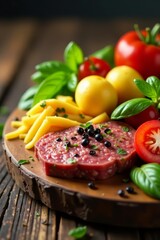 Close-up of assorted plant-based protein sources on wooden table, nuts, vegetables, tofu