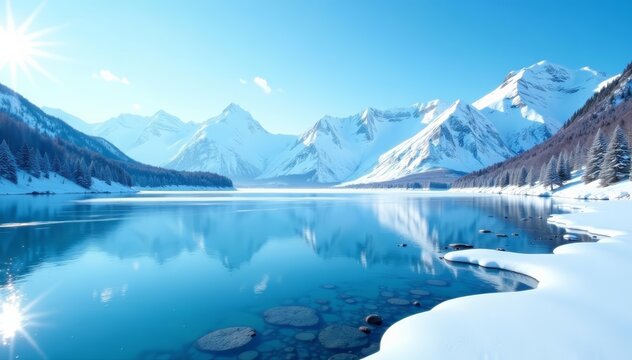 Icy lake with snow-capped mountains in background, clear blue sky, serene winter landscape, clear, sky, serene - Powered by Adobe