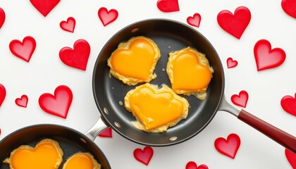Seamless pattern of heart-shaped scrambled eggs in a pan for Valentine's Day, romantic, sweet