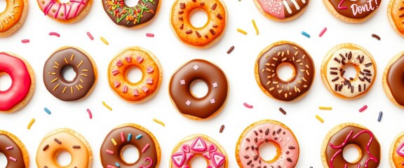 Fototapeta premium Seamless donut pattern, various toppings, white background, pastel, delicious