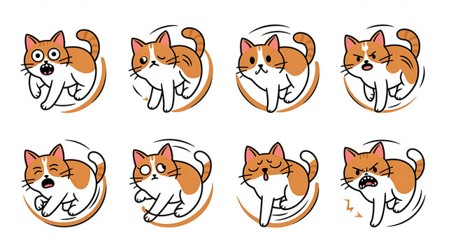 Cute orange and white cats in circular designs, displaying various playful and expressive emotions.