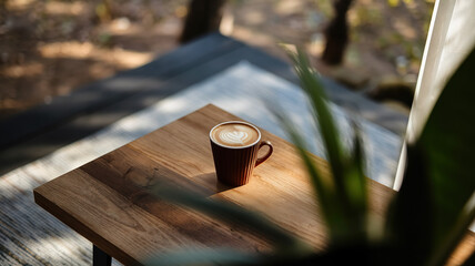 Coffee cup on a wooden table, radiating warmth and simplicity, evoking a sense of calm and morning serenity.