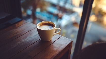 Coffee cup on a wooden table, radiating warmth and simplicity, evoking a sense of calm and morning serenity.