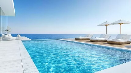 Obraz premium A luxurious pool and seating area overlooking the ocean on a sunny day