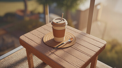 Coffee cup on a wooden table, radiating warmth and simplicity, evoking a sense of calm and morning serenity.