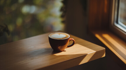 Coffee cup on a wooden table, radiating warmth and simplicity, evoking a sense of calm and morning serenity.