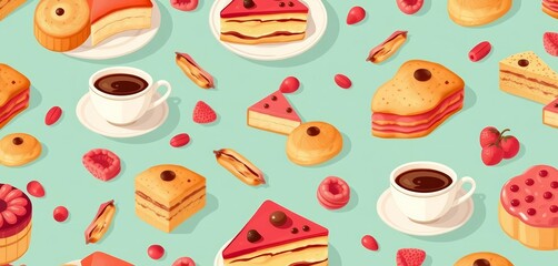 Seamless vector pattern of sweet pastries, coffee, and teacups on a European breakfast theme, fabric pattern, drink