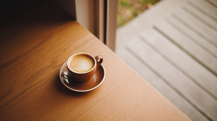 Coffee cup on a wooden table, radiating warmth and simplicity, evoking a sense of calm and morning serenity.