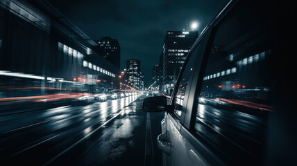 Nighttime cityscape through a car window, blurred lights and reflections, evoking a sense of urban solitude and quiet introspection.