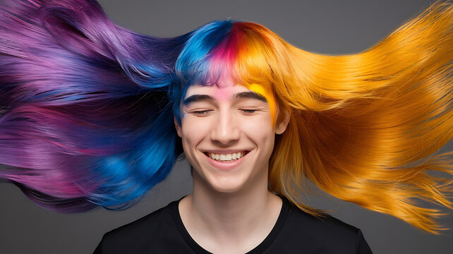 Vibrant colorful hair split-toned joyful expression Creative bold hair styling