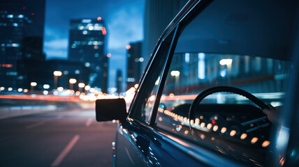Nighttime cityscape through a car window, blurred lights and reflections, evoking a sense of urban solitude and quiet introspection.