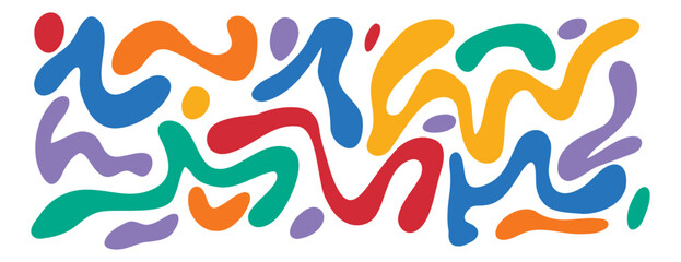 Retro groovy hippie 60s 70s abstract shapes set. Fluid organic shape colorful blobs, wavy doodle stripes inscribed. Bold hand drawn lines, spots. 
