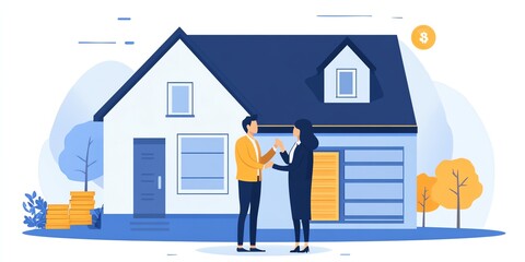 People shaking hands in front of house with stack of coins