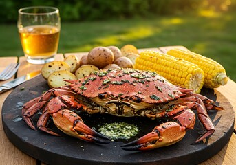 Grilled Crab Dinner with Potatoes, Corn on the Cob, and Beer Outdoors on Wooden Table