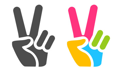 Vector set icons of colorful hand and peace symbols. Hand and two fingers are like peace symbol.