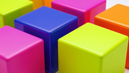 Obraz premium Colorful 3D Render of Vibrant Square Blocks Arrangement Focusing on Bright, Glossy Surfaces Creating an Eye-Catching Abstract Background