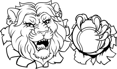 A lion with a tennis ball sports team animal cartoon mascot