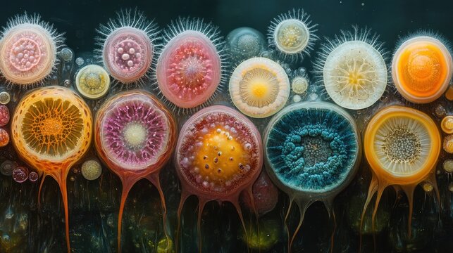 Colorful hydrozoans drifting in dark ocean depths, diverse marine life
