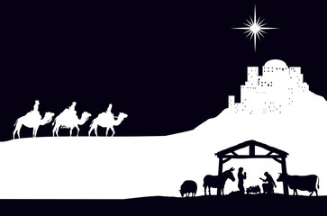 Obraz premium A Christmas nativity scene with baby Jesus in the manger, wise men and city of Bethlehem in the background