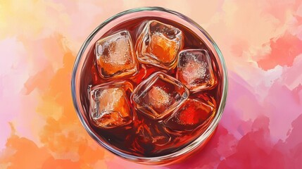 Top view of glass of cola with ice cubes , cola, glass, drink, beverage, soda, refreshment, cold, ice, cubes, fresh illustration