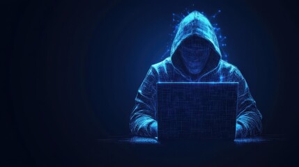 Abstract polygonal hacker with laptop on technology dark background. Cyber attack and cyber security concepts. Computer hacking. Digital technology. Man in hoodie illustration