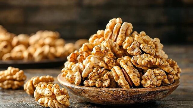 Kernel Hard Seeds, Cluster of walnuts in their shells on a rustic wooden table
