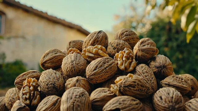 Kernel Hard Seeds, A heap of organic, natural walnuts with their rich brown shells and cracked kernels.
