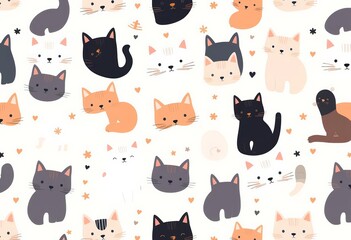 Seamless cute cat pattern; Scandinavian style, childish texture, nursery decor, textile, apparel, fabric, vector illustration, animal, repeat