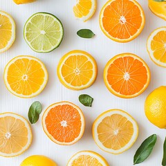 Obraz premium Citrus fruit slices arranged with leaves on a white wooden surface