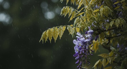 Raindrops falling on flowering wisteria during a gloomy springtime afternoon