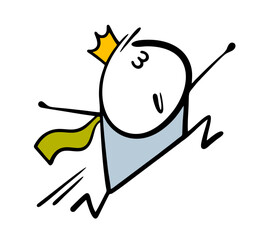 Actor plays a role in a theater. Vector illustration of an artist with a crown jumping on stage. The young prince in love from a fairy tale. Cartoon man isolated on white background.