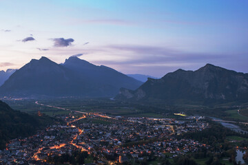 Panorama of the city of Bad Ragaz against the background of the Swiss Alps at sunset. Bad Ragaz Switzerland. Aerial view. Top view